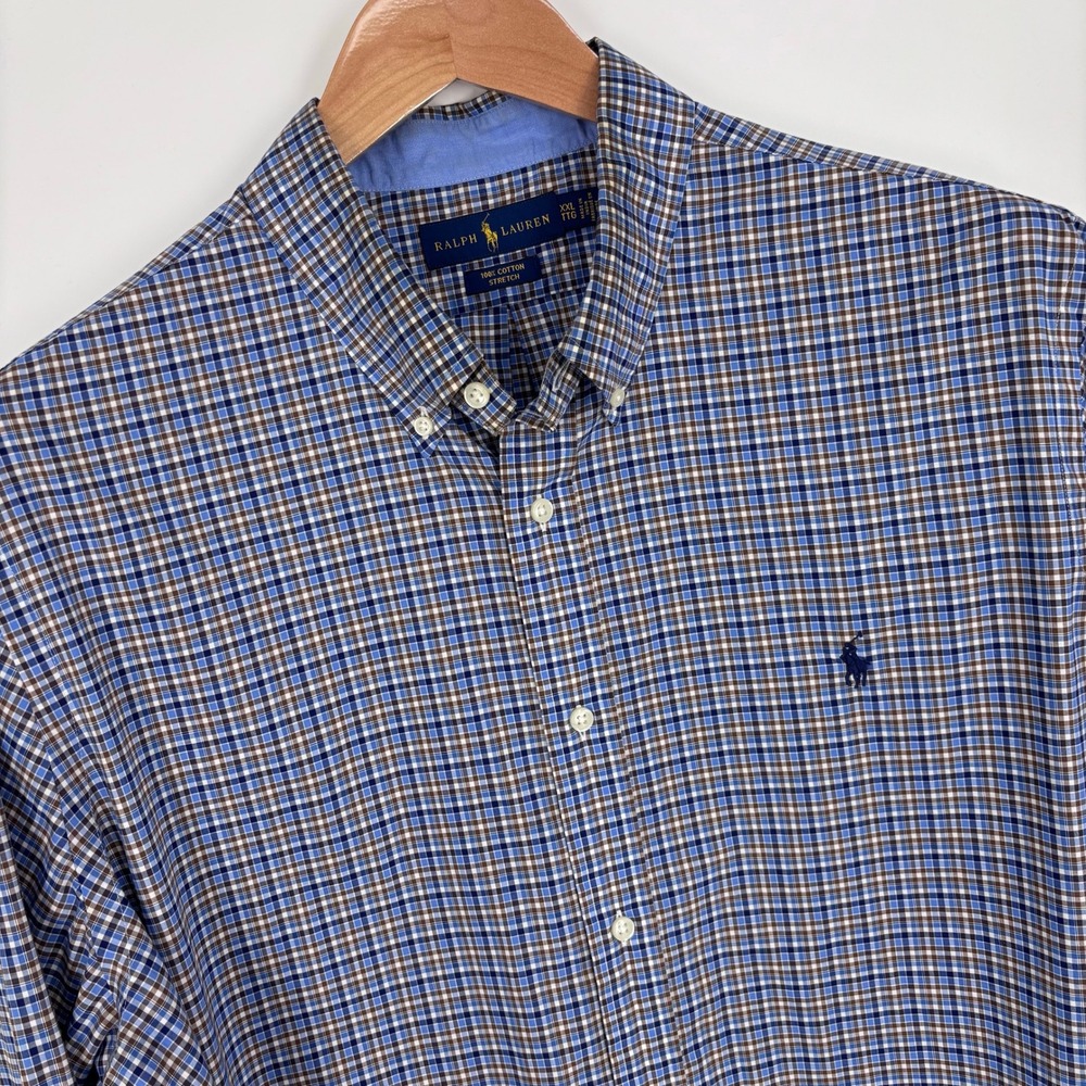 Polo Ralph Lauren Button Down Shirt Mens XXL Blue Brown Plaid Stretch Preppy